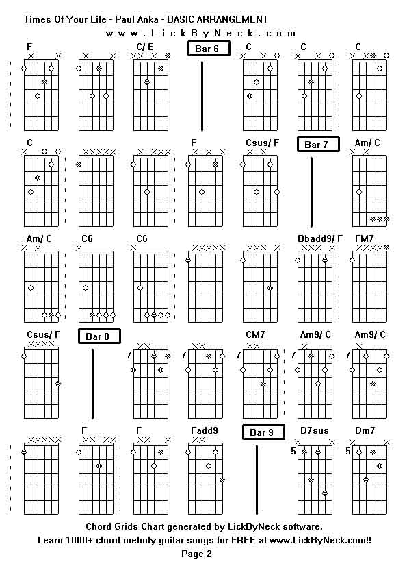 Chord Grids Chart of chord melody fingerstyle guitar song-Times Of Your Life - Paul Anka - BASIC ARRANGEMENT,generated by LickByNeck software.